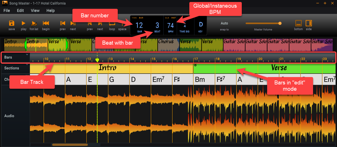Shows the results of Song Master having analyzed the song and determined the location of beats and bar lines as well as computing the global bpm and instantaneous bpm