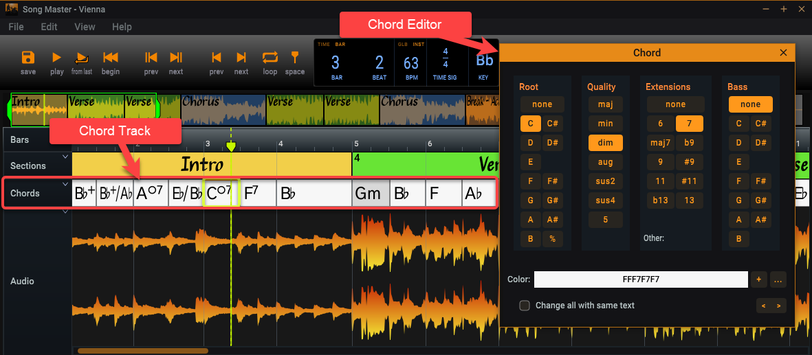 Shows the chords that Song Master has analyzed from the recording using machine learning