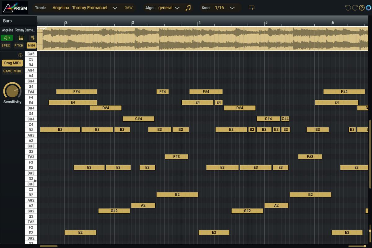 Prism audio-to-MIDI plugin interface