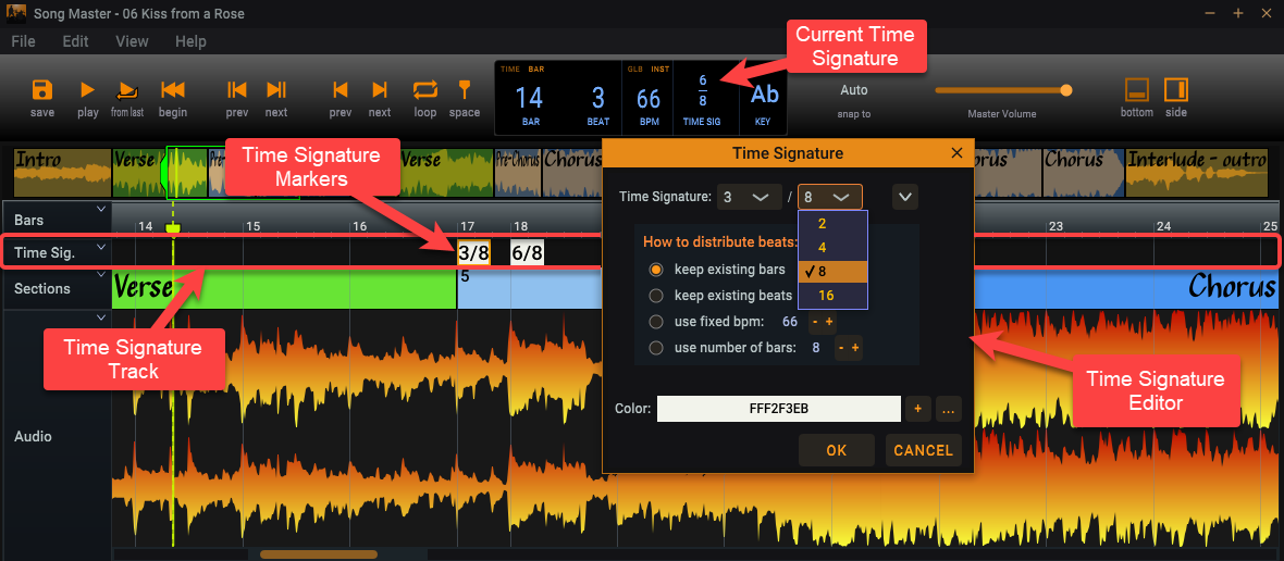 Shows the results for a song analyzed to determine its Key and Time Signature